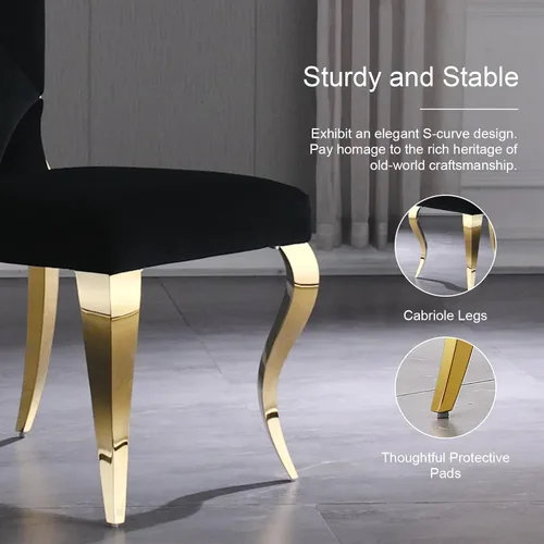 Miniatura 5 de Juego de 2 sillas de comedor de terciopelo negro y dorado, sillas de cocina tapizadas con respaldo alto con patas de acero inoxidable pulido, sillas