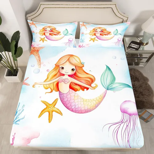 Miniatura 24 de Erosebridal Sábanas de cama de sirena azul para niñas, bonita sábana bajera ajustable de unicornio, 2 piezas, ropa de cama de arcoíris femenino