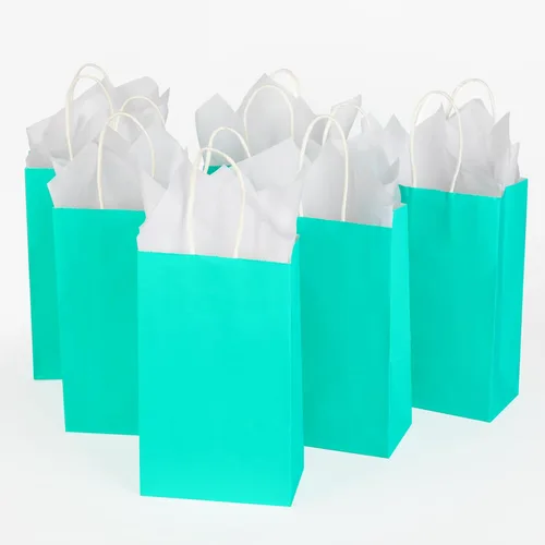 Miniatura 5 de DjinnGlory Paquete de 24 bolsas de papel verde azulado de tamaño pequeño de 9 x 5.5 x 3.15 pulgadas con 24 papel de seda blanco, bolsas azul