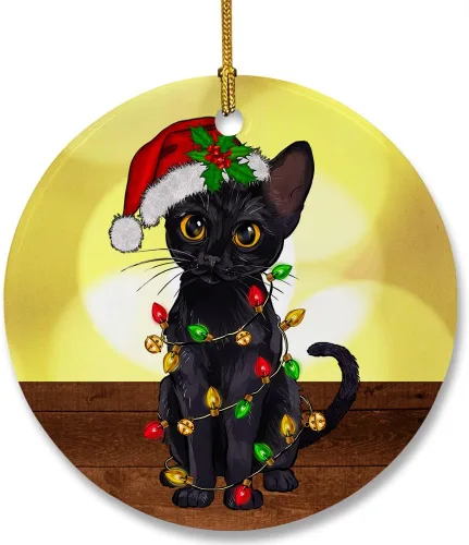 Bonito adorno de cerámica de gato negro, divertidas decoraciones de Navidad para árbol, adorno colgante de Navidad para amantes de los gatos,