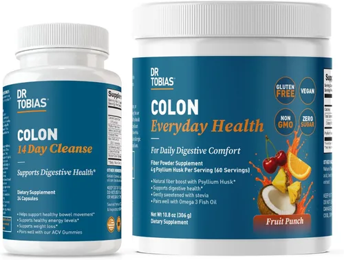 Dr. Tobias Colon 14 Day Cleanse & Colon Everyday Health Fruit Punch - Limpiador de colon a corto plazo y bebida diaria de fibra de psyllium para la