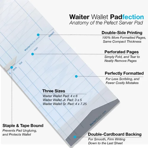 Miniatura 8 de Waiter Wallet Jr. Pads Paquete de 12 blocs de notas de invitados Bloc de notas perforado y grapado de doble cara para servidor de restaurante