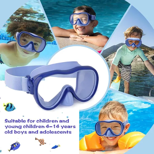 Miniatura 7 de Máscara de snorkel para niños, máscara de buceo de 180° con cubierta para la nariz, gafas de natación antiniebla para niños con correa de tela Azul