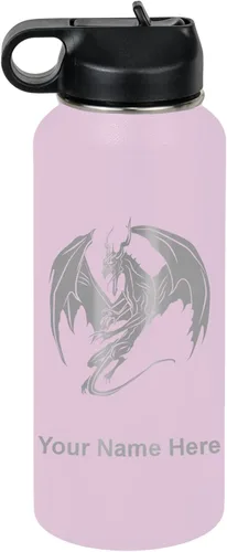 Miniatura 26 de LaserGram Botella de agua con tapa abatible de doble pared de 12 onzas con pajilla, dragón, grabado personalizado incluido (negro)