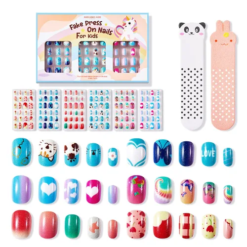 Modelones - Uñas postizas acrílicas con pegamento a presión para niñas, cubierta completa con diseños de brillantina, color degradado, corazón y