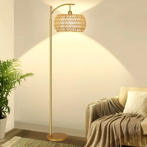 Miniatura 7 de Lámpara de pie dorada para sala de estar con 3 temperaturas de color, lámparas de pie bohemias de arco con control remoto, lámpara de pie de ratán