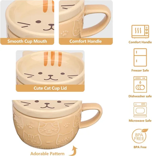 Miniatura 4 de Linda Taza de Café de Cerámica con Gato con Tapa, Tazas de Café Kawaii o Tazas de Té para Amantes de los Gatos, Divertidos Tazones de Desayuno