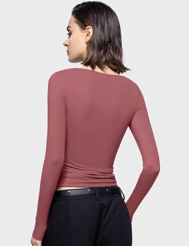 Miniatura 4 de PUMIEY Camisetas de manga larga para mujer, cuello corazón, ajustadas, para salir, sexy, básica, colección Smoke Cloud Pro