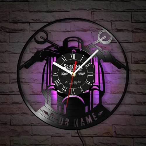 Miniatura 3 de The Geeky Days Reloj de pared con disco de vinilo para motocicleta, con nombre personalizado, 7 colores cambiantes, para motocicletas, garaje, reloj