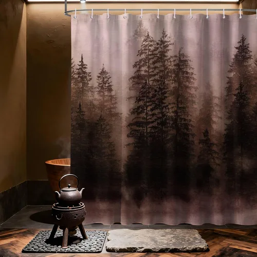 Miniatura 17 de Cortina de ducha estrecha para hombre, diseño de bosque negro y gris, para casa rodante, juego de decoración de baño, tela impermeable con ganchos