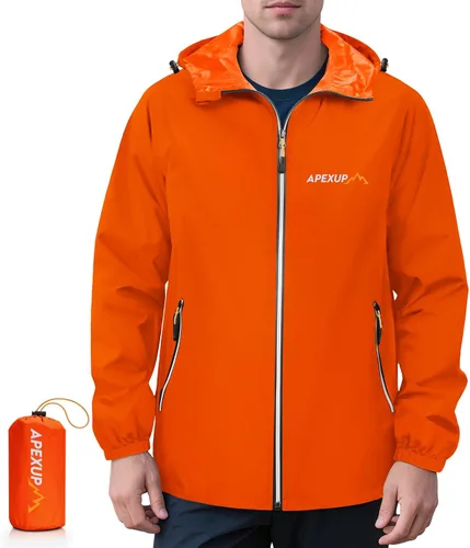 Miniatura 12 de APEXUP Chaqueta de lluvia empacable para hombre con cremallera reflectante, impermeable ligero, chaqueta de lluvia para hombre para deportes al aire