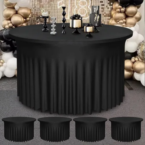 Miniatura 9 de Paquete de 2 faldones de mesa negros de 48 pulgadas de diámetro x 30 pulgadas de alto, se adapta a mesas redondas de 4 pies, manteles redondos