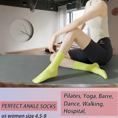 Miniatura 14 de Calcetines de agarre para mujer, calcetines de yoga para pilates, antideslizantes, barre danza, hospital, correr, lindo, de algodón, 3/4 pares