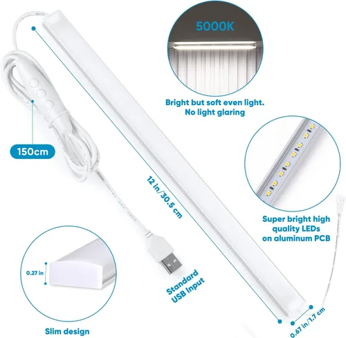 Miniatura 5 de Litever Kit de luz LED con enchufe para debajo del gabinete con adaptador de corriente, regulador, 2 barras de luz LED USB de 12 pulgadas. Regulable