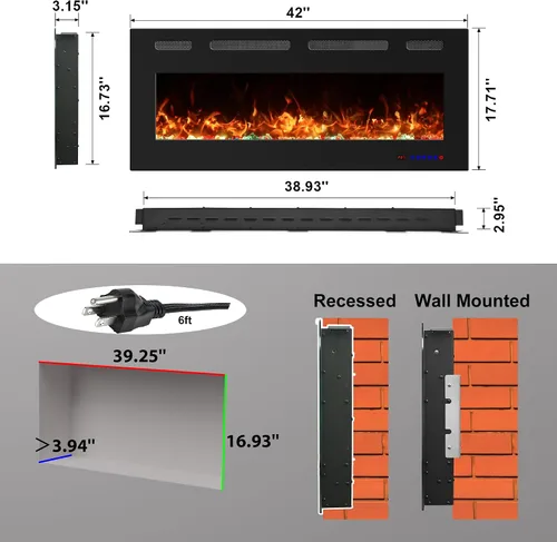 Miniatura 5 de Insertos de chimenea eléctrica de 42 pulgadas, calentador de chimenea lineal ultrafino con termostato, brillo y velocidad ajustables, temporizador