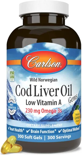 Miniatura 5 de Carlson - Gemas de aceite de hígado de bacalao, baja vitamina A, 230 mg de omega-3, noruego, capturado en la naturaleza, de origen sostenible, 300