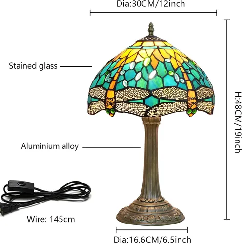 Miniatura 3 de Lámpara Tiffany Estilo Libélula Verde Lámparas de Vidrio Emplomado Verde Azulado Lámpara de Mesa de Dormitorio Mesita de Noche para Dormitorio