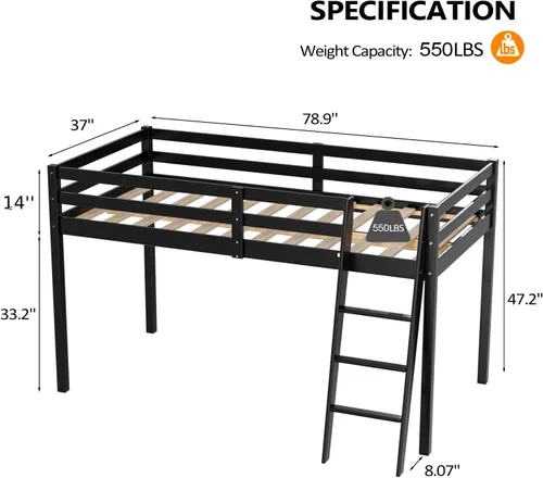Miniatura 2 de VINGLI - Cama tipo loft baja de 47'' para junior con escaleras, cama de madera tamaño individual para adultos, niños y adolescentes jóvenes, sin