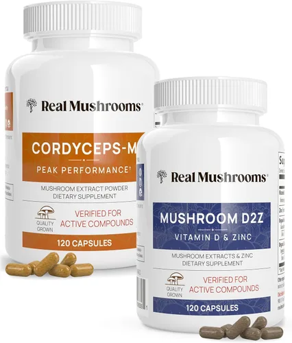 Real Mushrooms Paquete de vitamina D2, zinc, chaga, reishi (120 unidades) y Cordyceps-M (120 unidades) – Apoyo inmunológico natural, energía y