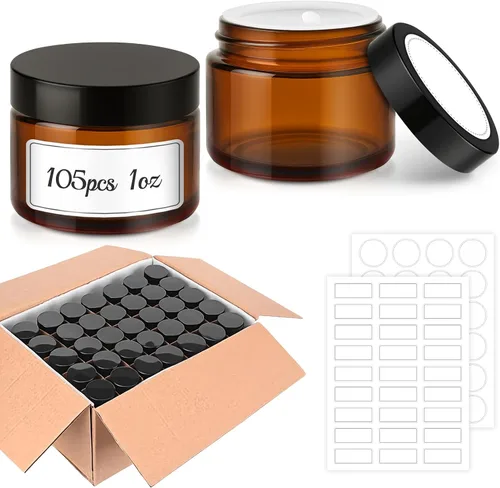 Miniatura 11 de Bumobum - Tarros de vidrio de 1 onza con tapas, paquete de 48 tarros de crema ámbar con tapas negras, etiquetas blancas y negras y revestimientos