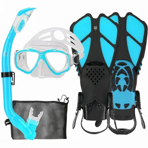 Miniatura 18 de Juego de esnórquel para niños con máscara, aletas, paquetes de esnórquel, con máscara de buceo, esnórquel, aletas ajustables para nadar, bolsa