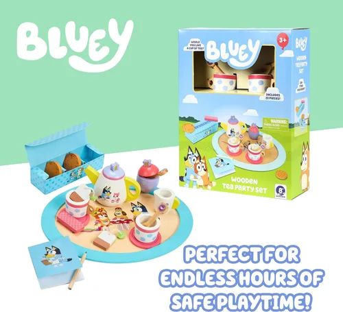 Miniatura 6 de 8th Wonder Bluey Toys - Juego de Fiesta de Té de Madera, Juego de Té Duradero de 18 Piezas con Bandeja, Tetera, Cucharaditas y Más, Juego