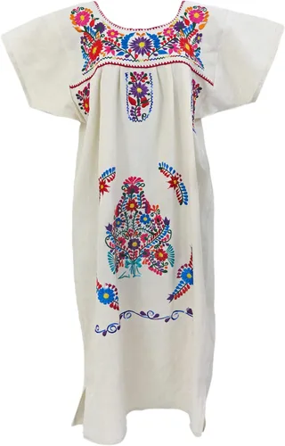 Vestido bordado mexicano Bella Natural Beige Detalles florales bordados a mano Longitud por debajo de la rodilla 100% algodón de muselina