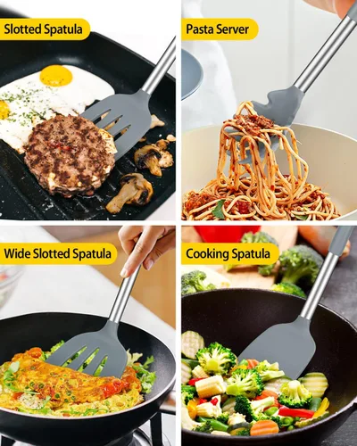 Miniatura 3 de Juego de utensilios de cocina de silicona, 8 piezas antiadherentes con mango de acero inoxidable, herramientas de cocina resistentes al calor sin