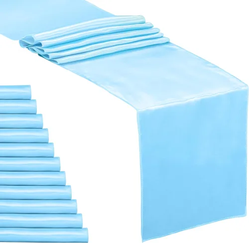 Miniatura 28 de Paquete de 5 caminos de mesa de satén azul bebé de 12 x 108 pulgadas de largo, satén brillante y sedoso para decoración de fiesta de cumpleaños