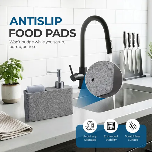 Miniatura 5 de Havara - Dispensador de jabón para platos de resina de granito con soporte para esponja, gris piedra Kitchen Soap Dispenser & Sink Organizer for