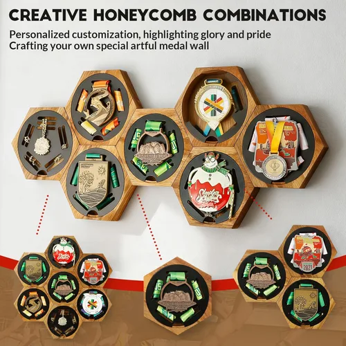 Miniatura 6 de JupDec Perchero para medallas de exhibición en panal de madera hexagonal para pared, con imanes fuertes y soporte de medallas redondo de hierro