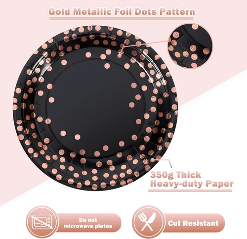 Miniatura 3 de Platos de papel negro y oro rosa, paquete de 100, platos llanos de 50 x 9 y servilletas de 50 x 6.5 pulgadas, platos de papel negro y servilletas