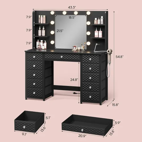 Miniatura 6 de HAUOMS Tocador con luces y espejo, tocador de maquillaje con 11 cajones y regleta de enchufes, 6 estantes abiertos, escritorio de tocador de 110 cm