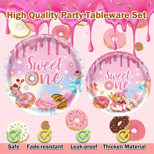 Miniatura 3 de Decoraciones de primer cumpleaños para niña, suministros de fiesta de cumpleaños con temática de donas Sweet One Grow Up - 96 piezas, sirve 24