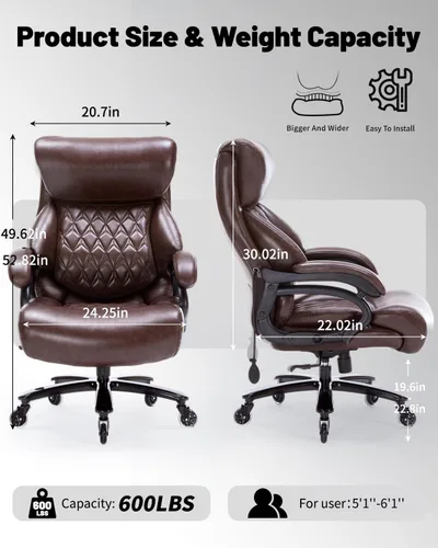 Miniatura 2 de Silla de oficina grande y alta de 600 libras con soporte lumbar ajustable, silla de escritorio ejecutiva de asiento ancho con cojín de 6.5 pulgadas