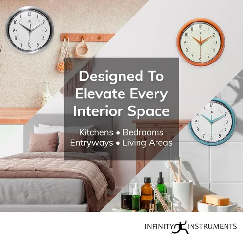 Miniatura 3 de Infinity Instruments Reloj de pared retro de 9 pulgadas, barrido silencioso, sin tictac, moderno, de mediados de siglo, para cocina, comedor