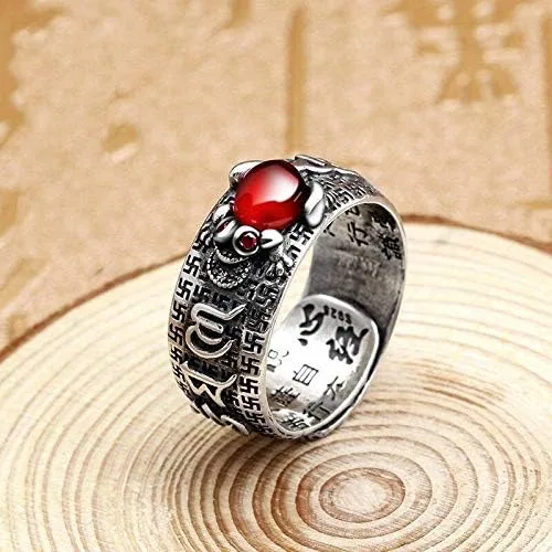 Miniatura 2 de Anillo vintage de plata Feng Shui Pixiu para mujeres y hombres, grabado textos budistas, alivio máximo, sapo dragón, Pixiu, camafeo, riqueza, buena