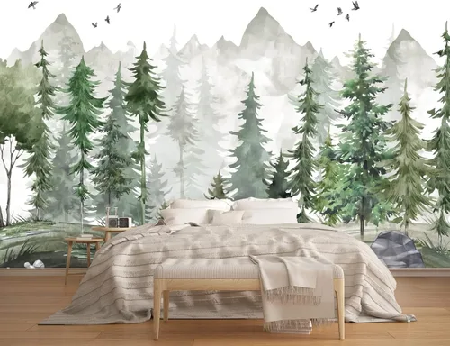 Miniatura 3 de MFWFM Papel Tapiz Forestal Acuarela Verde Mural de Bosque para Habitación de Bebé (No Despegar y Pegar)