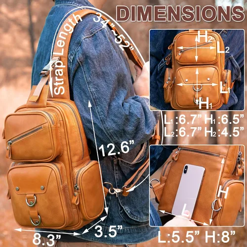 Miniatura 5 de CENUNCO Bolso bandolera de cuero genuino para hombre, mochila cruzada, casual, senderismo, motocicleta, bolsa de pecho antirrobo, bolso de viaje