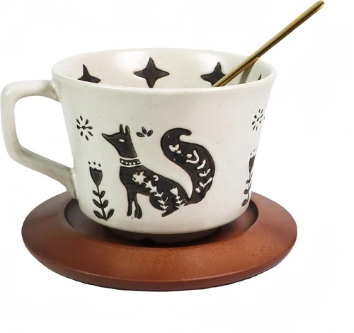 Miniatura 2 de Taza de café de cerámica vintage Taza de té de café de cerámica gruesa con platillo y cuchara de madera, taza de té y platillo de 12 onzas