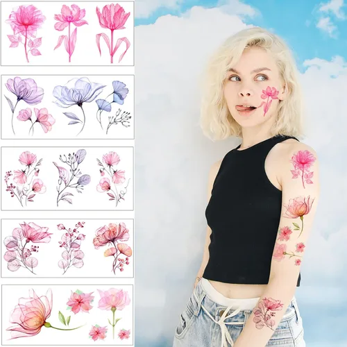 Miniatura 3 de Tatuajes temporales de flores para mujer, 10 hojas de calcomanías de tatuaje de acuarela falsa de lirio de rosas, arte impermeable para cara