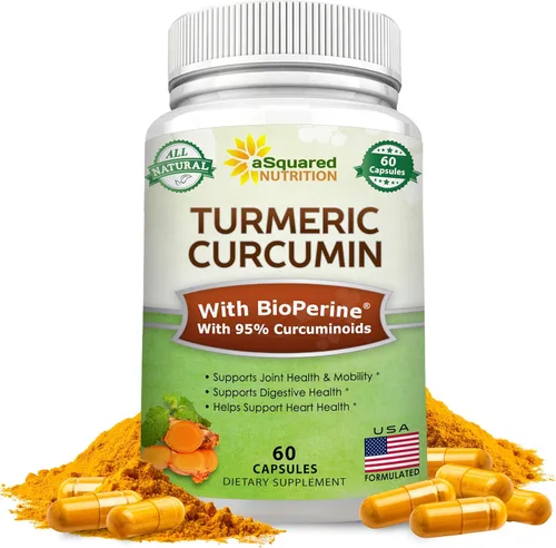 aSquared Nutrition Curcumina de cúrcuma de 1300 mg con suplemento de extracto de pimienta negra BioPerine - 60 cápsulas - con 95% de curcuminoides -