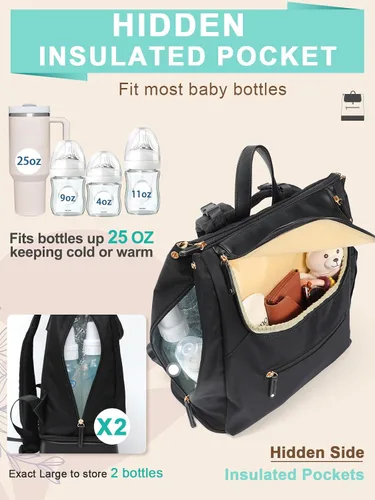Miniatura 4 de MOMINSIDE Mochila para pañales – Bolsa de pañales grande para bebé con 14 bolsillos, mochila de viaje de cuero y nailon para mamá, bolsa de Negro
