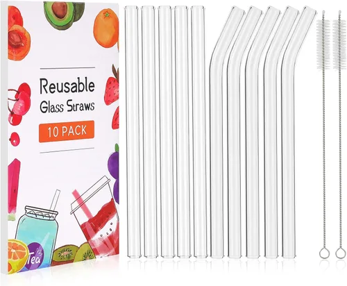 Miniatura 8 de 10 popotes Boba de vidrio reutilizables, 0.354 x 0.551 in de ancho, para té de burbujas, batidos, juego de 5 rectas y 5 dobladas con 2 cepillos