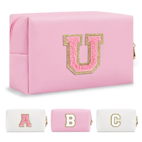 Miniatura 211 de Pequeña bolsa de maquillaje personalizada con inicial A-Z Preppy Patch, bolsa de cosméticos de viaje de felpilla blanca con cremallera, bonita bolsa