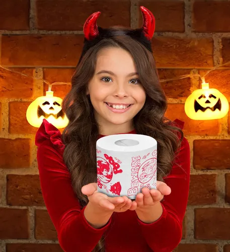 Miniatura 7 de Printed TP Papel higiénico impreso con texto en inglés "Beware of Devil" de Halloween, rollo de papel higiénico aterrador para sorpresa, broma, Rojo