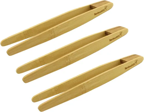 Miniatura 5 de BambooMN - Pinzas reutilizables de bambú "A" para tostadas de 7.9" - Marrón carbonizado - 10 piezas