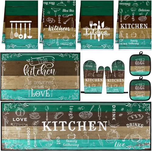 Juego de 10 piezas de decoración de cocina de granja, 4 paños de cocina verde azulado, 2 soportes para ollas de color verde azulado, 2 guantes de