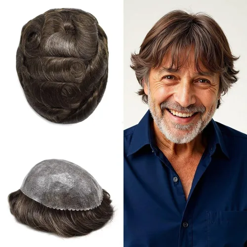 Miniatura 44 de Toupee - Sistema de reemplazo de cabello humano real de 0.004 in para hombres, con inyección, poliuretano duradero, piel fina, línea capilar