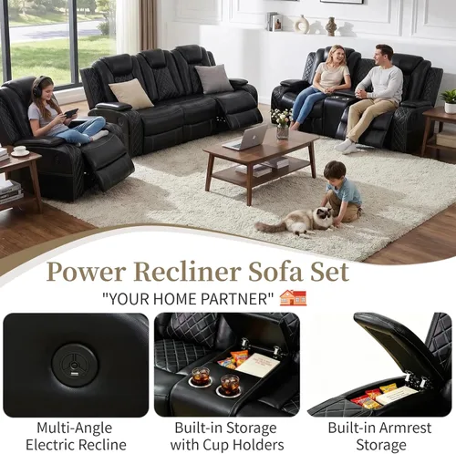 Miniatura 4 de Juego de sofá reclinable de cuero eléctrico con LED, juego de sala de estar de cuero, juego de sofá reclinable con puerto USB/soporte